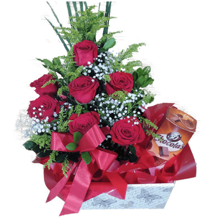 Cesta encanto de rosas e chocolate belga